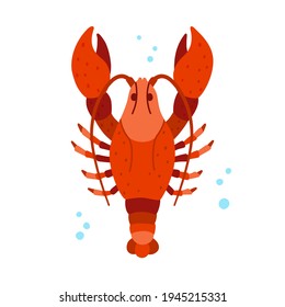 Lobster character. Stylized red crayfish with large claws. Cartoon hand drawn illustration of cute ocean animal. Childish t shirt print, poster. Flat isolated vector clipart, white background