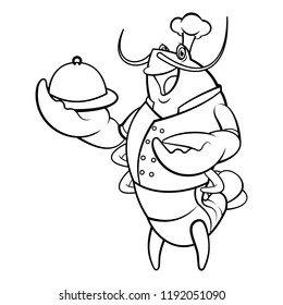 The Lobster Chef serving a seafood with platter coloring book cartoon vector