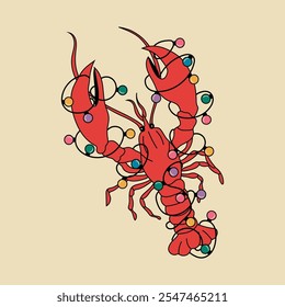 A lobster with Christmas lights on it