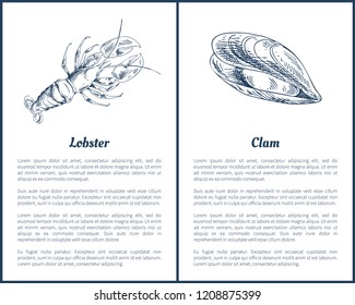Lobster and clam posters set with editable text sample title. Crustacean marine dwellers, seafood in monochrome sketches outline vector illustration