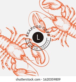 Lobster colored banner. Hand drawn vector seafood illustration. Engraved style. Vintage sea animal background