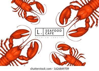 Lobster colored banner. Hand drawn vector seafood illustration. Engraved style. Retro sea animal background