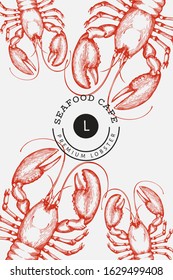Lobster colored banner. Hand drawn vector seafood illustration. Engraved style. Retro sea animal background