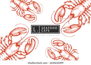 Lobster colored banner. Hand drawn vector seafood illustration. Engraved style. Retro sea animal background