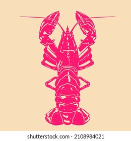 Lobster. Colorful Cute Screen Printing Effect. Riso Print Effect. Vector Illustration. Graphic Element  For Fabric, Textile, Clothing, Wrapping Paper, Wallpaper, Logo Design