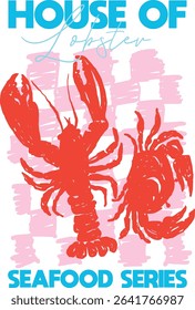 Lobster crab gingham seafood cute doodle slogan, modern trending Tee shirt print slogan graphic artwork typography sketch t shirt design