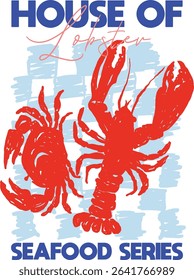 Lobster crab gingham seafood cute doodle slogan, modern trending Tee shirt print slogan graphic artwork typography sketch t shirt design