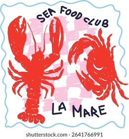 Lobster crab gingham seafood cute doodle slogan, modern trending Tee shirt print slogan graphic artwork typography sketch t shirt design