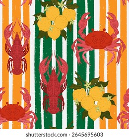 Lobster, crab and lemon branch. Stylized flat illustration with sketch elements, marine Mediterranean motifs. Seamless pattern