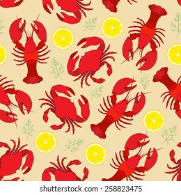 Lobster and crab with lemon and dill. Seamless pattern