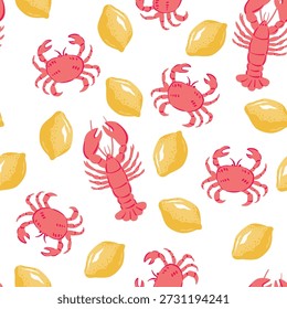 Lobster, crab, lemon seamless pattern. Summer sea print.