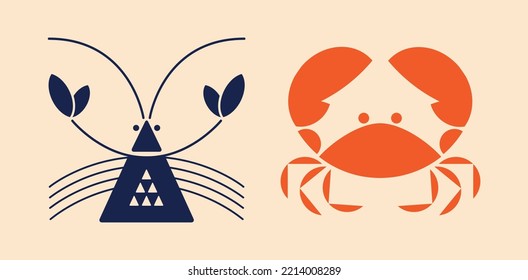 Logotipos de langosta y cangrejo. Ilustración mínima de mariscos.