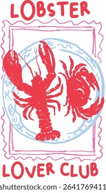 Lobster and crab on plates. Healthy and tasty food. Watercolor hand drawn illustration for fashion, textile or other uses