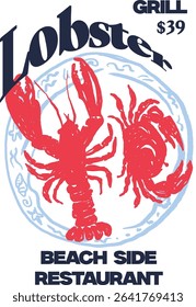 Lobster and crab on plates. Healthy and tasty food. Watercolor hand drawn illustration for fashion, textile or other uses