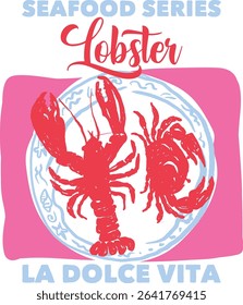 Lobster and crab on plates. Healthy and tasty food. Watercolor hand drawn illustration for fashion, textile or other uses