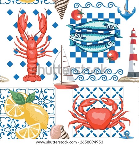 Lobster, crab, sardines fish, shell, lighthouse, lemon, anchor, sailboat, blue tile seamless pattern. Summer wallpaper.
