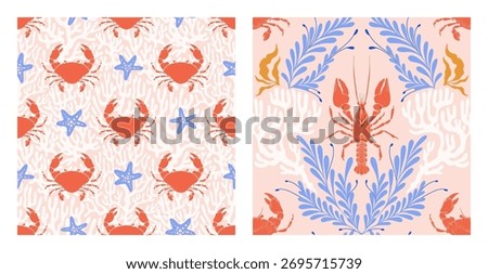 Lobster, Crab Seamless Pattern Set with Seaweed and coral on pink Background. Whimsical Vintage coastal print with retro seafood illustration and ocean life. Perfect for marine designs, seaside decor