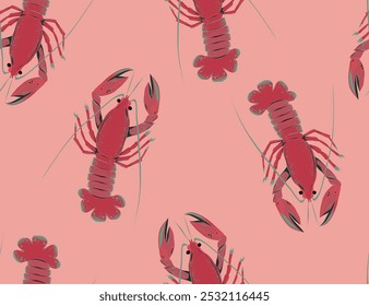 Langosta, cangrejo, camarón en colores rosa-rojo sobre un fondo rosa. Patrón sin fisuras.  Tienda de mariscos, menú de restaurantes, mercado de pescado, Anuncio, tela, textil, Plantilla de diseño de carteles. Estampado de Vector de moda