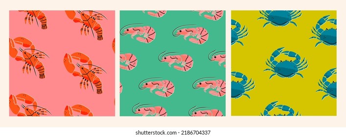 Lobster, crab, shrimp. Seafood shop, restaurant menu, fish market, banner, fabric, textile print, poster design template. Fresh shellfish products. Trendy Vector illustration. Square seamless patterns
