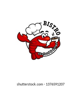 Lobster Crawfish chef with coffee cup logo mascot illustration for seafood bistro, restaurant, or cafe