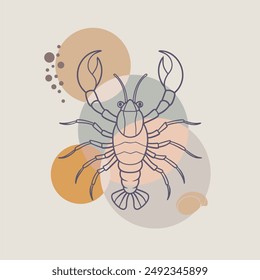 Lobster or crayfish drawn by graphic lines on blobs background. Seafood shop logo, signboard, restaurant menu, fish market, banner, poster design template. Fresh seafood or shellfish product.