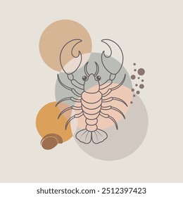 Lobster or crayfish drawn by graphic lines on blobs background. Seafood shop logo, signboard, restaurant menu, fish market, banner, poster design template. Fresh seafood or shellfish product.