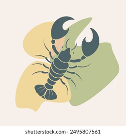 Lobster or crayfish on blobs background. Seafood shop logo, signboard, restaurant menu, fish market, banner, poster design template. Fresh seafood or shellfish product.