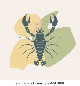 Lobster or crayfish on blobs background. Seafood shop logo, signboard, restaurant menu, fish market, banner, poster design template. Fresh seafood or shellfish product.