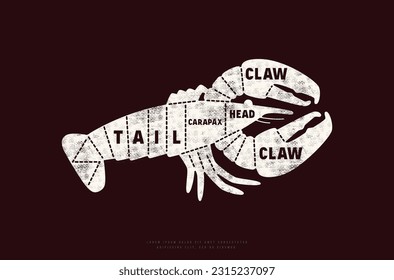 Diagrama de cortes de langosta en estilo de silueta con textura áspera. Impresión blanca sobre fondo negro