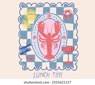 Lobster design. Fish vintage artwork. Lobster fish artwork for t shirt print, poster, sticker and other uses. Seafood t shirt design. Lemon tomato with drink glass artwork.