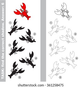 Lobster with different shadows to find the correct one. Compare and connect object with it true shadow.