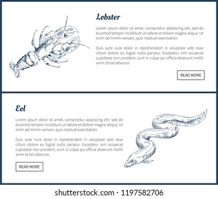 Lobster and eel marine creatures as seafood flat vector illustration in sketch style. Nautical information landing page on white with text sample.