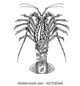 Lobster with ethnic doodle pattern. Zentangle inspired pattern for anti stress coloring book pages for adults and kids.