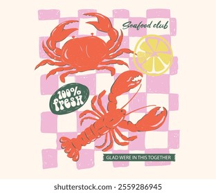 Lobster fish artwork for t shirt print, poster, sticker and other uses. Seafood club. Crab and lobster design. Fish vintage artwork.