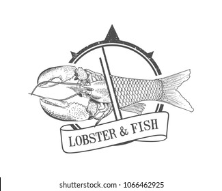 Lobster and Fish Compass Hand Drawn Logo Vintage Restaurant 