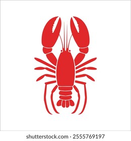 Lobster Flat Vector Illustration, Simple Stylized Design, Bright Red-Orange Body, Exaggerated Claws, Minimalist Look, Clean Lines, White Background