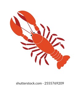 Lobster Flat Vector Illustration, Simple Stylized Design, Bright Red-Orange Body, Exaggerated Claws, Minimalist Look, Clean Lines, White Background