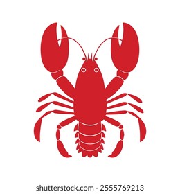 Lobster Flat Vector Illustration, Simple Stylized Design, Bright Red-Orange Body, Exaggerated Claws, Minimalist Look, Clean Lines, White Background