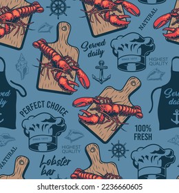 Lobster food seamless pattern colorful appetizing crayfish on cutting board with attractive inscriptions for fish and seafood restaurant vector illustration