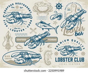 Lobster food set colorful stickers for bars and restaurants with delicacy menu of lobsters and other marine animals vector illustration