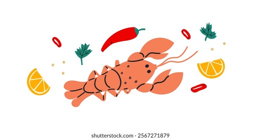 Lobster Icon on White Background. Vector flat hand drawn illustration , sea food with spices lemon,chili .