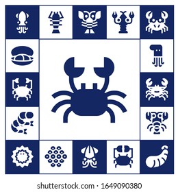 lobster icon set. 17 filled lobster icons. Included Squid, Mussel, Crab, Shrimp, Octopus, Lobster, Sea urchin, Caviar icons
