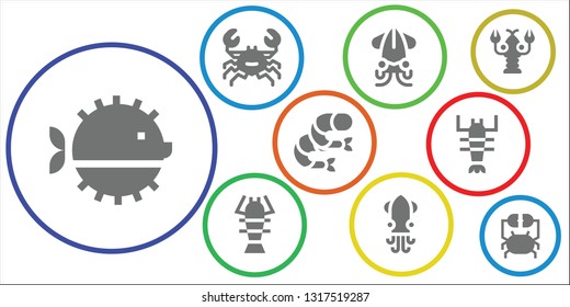 lobster icon set. 9 filled lobster icons.  Simple modern icons about  - Puffer fish, Crab, Squid, Lobster, Shrimp