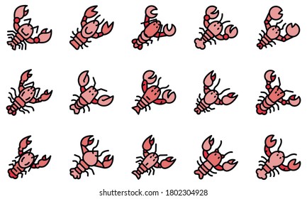 Lobster icons set. Outline set of lobster vector icons thin line color flat on white