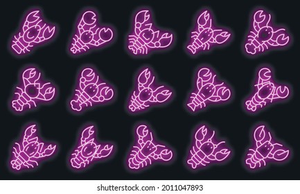 Lobster icons set. Outline set of lobster vector icons neon color on black