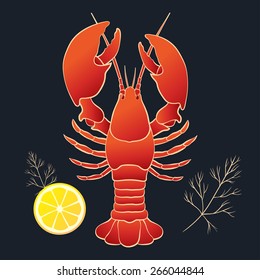 Lobster with lemon and dill on the black background. Vector illustration