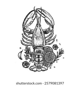 Lobster with lemon, herbs and vegetables. A hand-drawn vector graphic illustration. Black and white image of seafood. Separate from the background. Suitable for menus, recipe books, packages, labels.