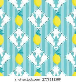 Lobster and lemon seamless pattern in amalfi coast style. Yellow citrus fruit and blue marine animal in rombus shape frame. Retro background with hand drawn vertical stripes. Vector print on fabric.