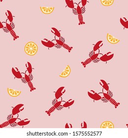 Lobster and lemon seamless pattern with a blush pink background. Sea food and citrus fruit wrapping paper repeat design. 