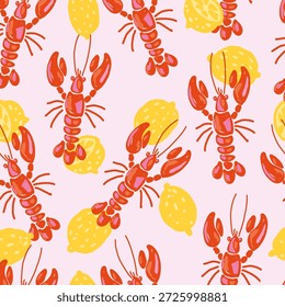 Patrón sin fisuras de langosta y limón sobre fondo rosa claro. Diseño de mariscos mediterráneos dibujado a mano en estilo imperfecto naif, ideal para la decoración de la cocina de verano o textiles divertidos.